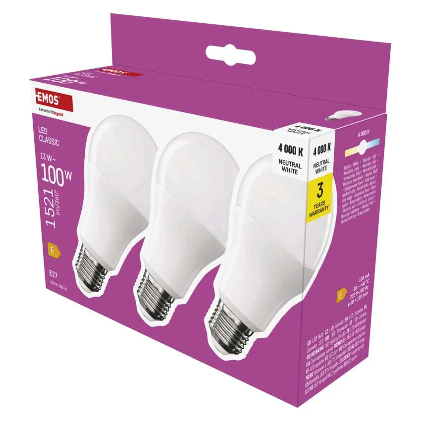 Emos Classic A60 13W E27 1521lm neutrálna biela 3ks ZQ5E63.3 - LED žiarovky set