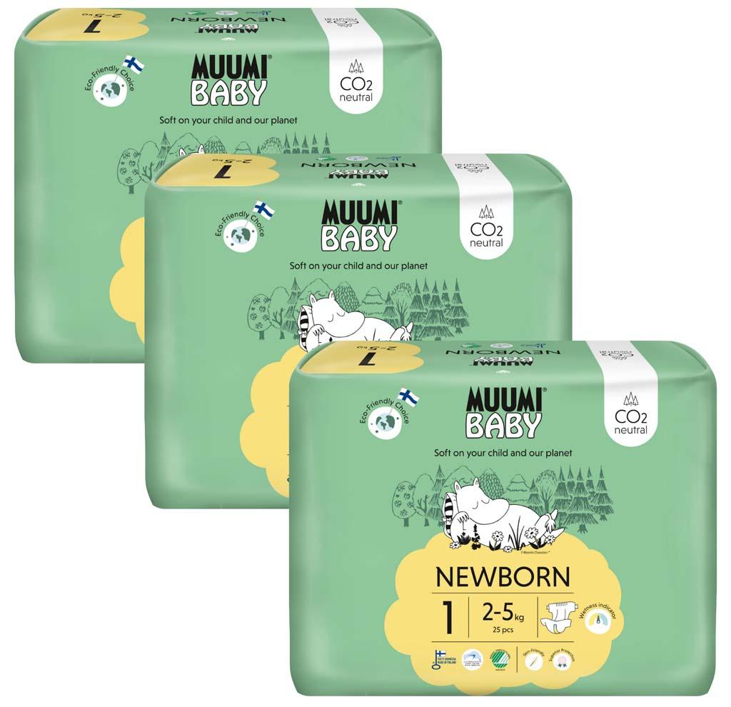 MUUMI Baby 1 Newborn 2-5 kg (75 ks), mesačné balenie eko plienok 58705-3