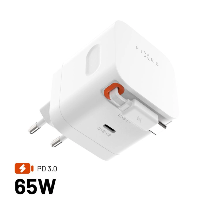 FIXED Sieťová GaN nabíjačka USB-C 65W so samonavíjacím USB-C káblom biela FIXCG65R-2C-WH