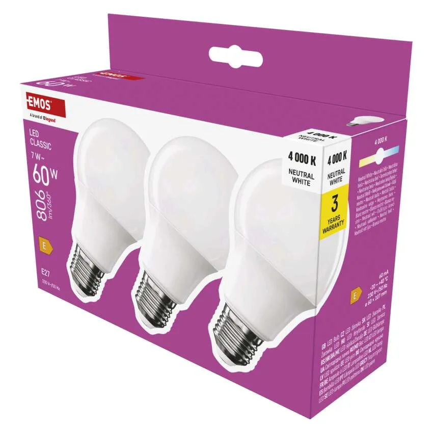 Emos Classic A60 7W E27 806lm neutrálna biela 3ks ZQ5E43.3 - LED žiarovky set