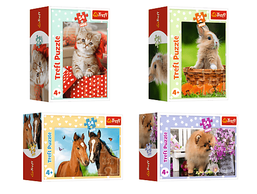 Trefl_vypredaj Trefl Mini puzzle 54 dielikov Kôň, králik, pes a mačka 54195VO
