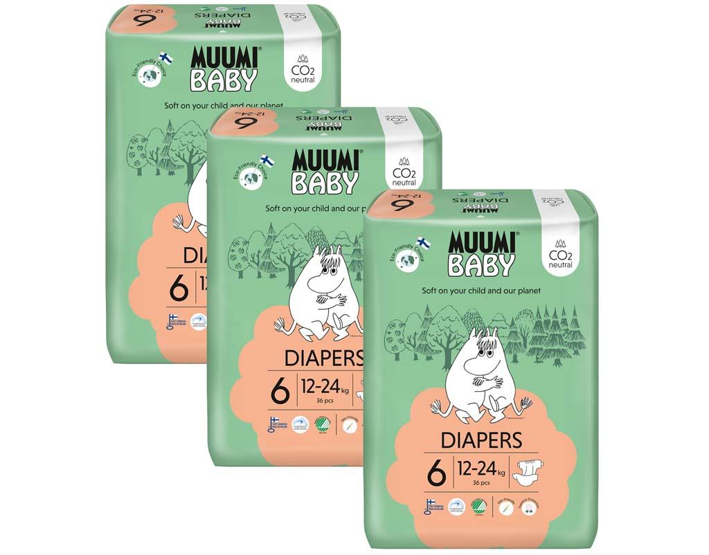 MUUMI Baby 6 Junior 12-24 kg (108 ks), mesačné balenie eko plienok 58755-3