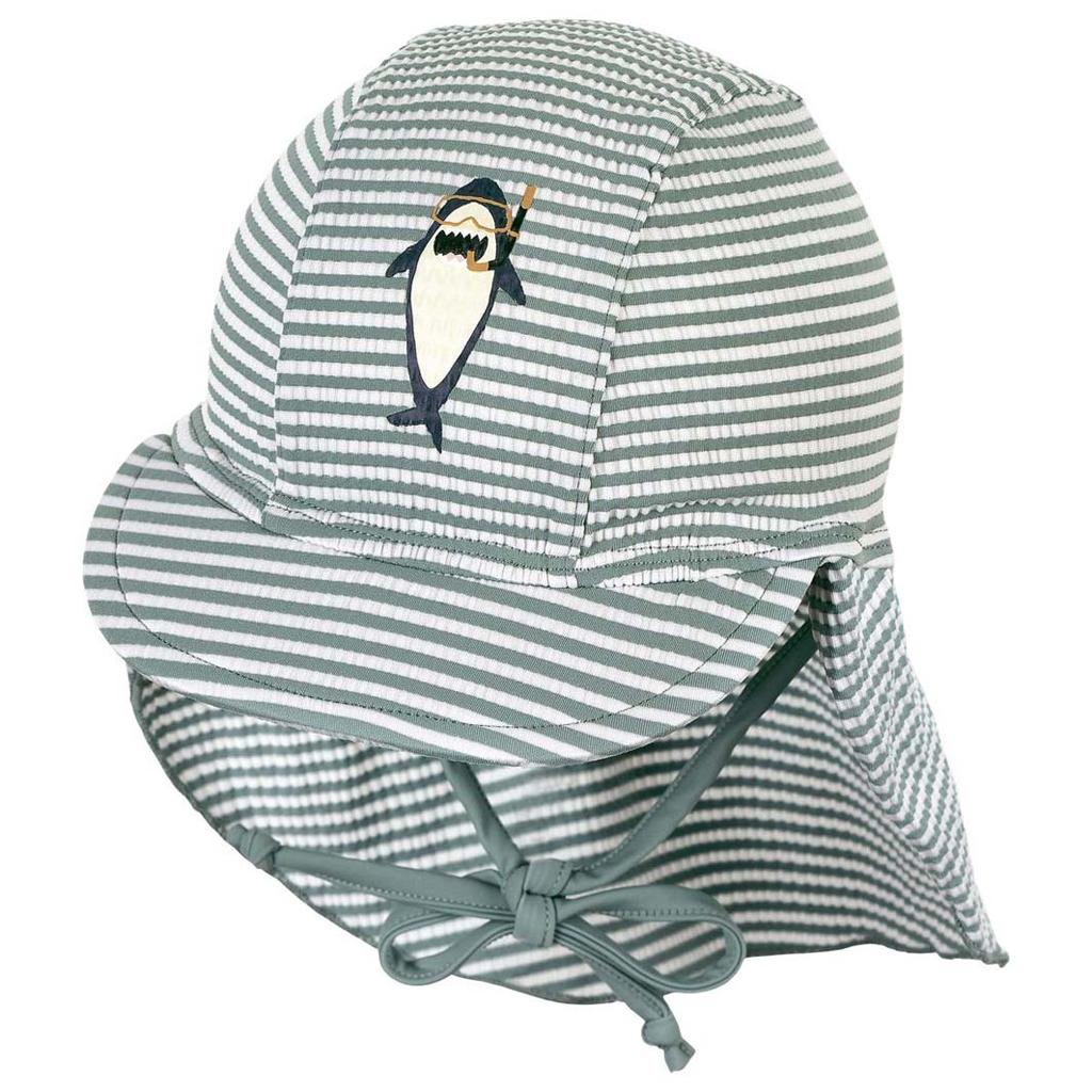 STERNTALER Šiltovka do vody s ochranou krku na zaväzovanie UV50+ zelená žralok chlapec- 43 cm 5-6 m 2502392-275-43