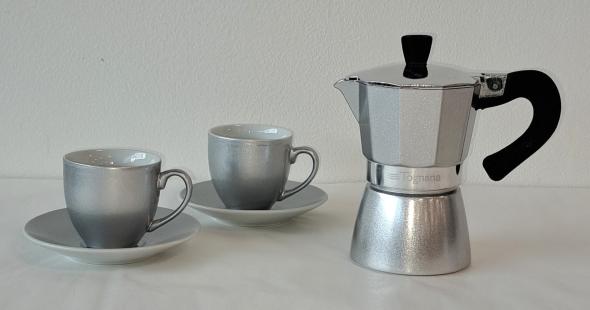 AB LINE - Kávovar na 2 šálky+2 šálky s tanier,strieb.set