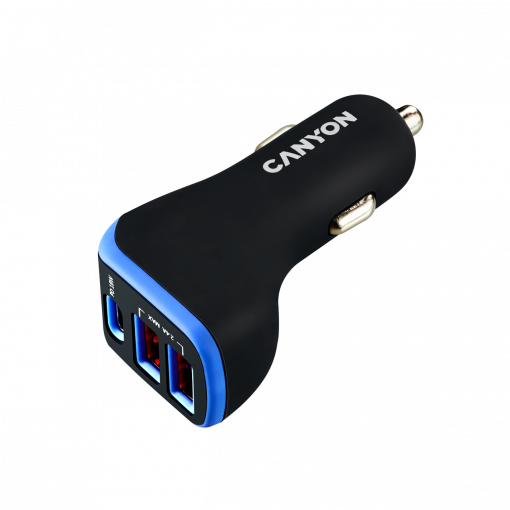 Canyon 2x USB-A, 1xUSB-C 18W PD fialovo-čierny - Univerzálny USB adaptér do auta