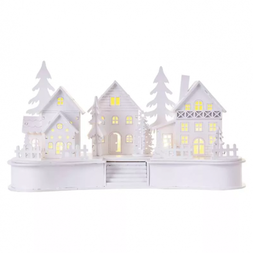 Emos LED dekorácia drevená biela – dedinka, 16cm, 2x AA, vnútorná, teplá biela, časovač - Vianočná dekorácia