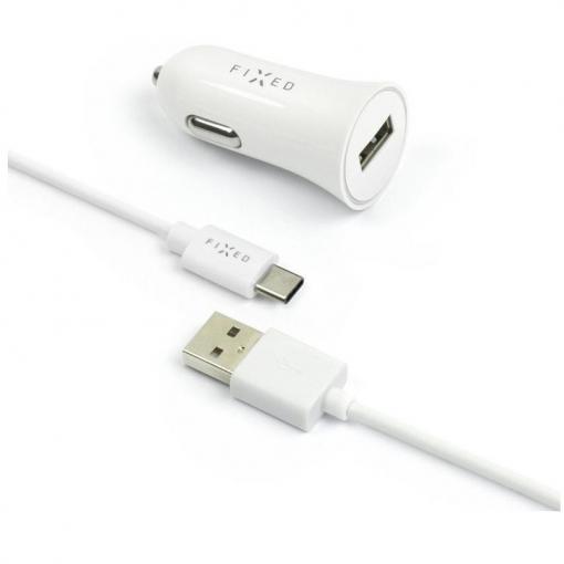 FIXED Autonabíjačka USB-C 2.4A biela - Univerzálny USB adaptér do auta s USB-C káblom