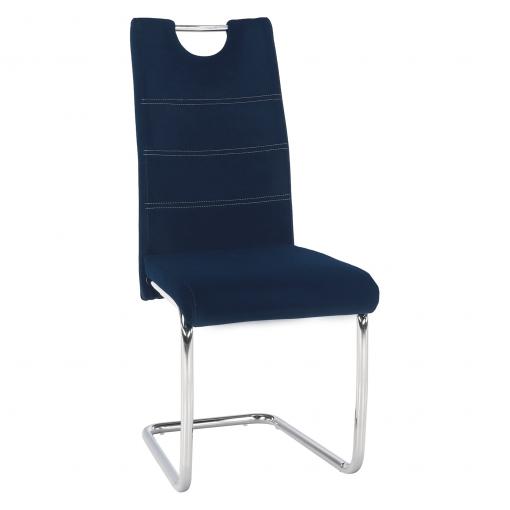 ABIRA NEW MO - stolička jedálenská, látka modrá Velvet / svetlé šitie / podnož chróm