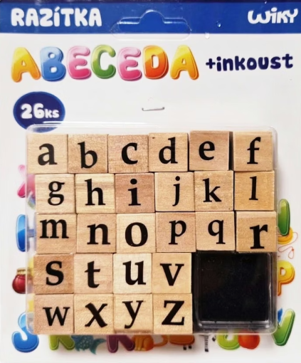 Wiky Drevené pečiatky sada s poduškou ABC 26ks+atrament - Malé pismená - Kreatívny set