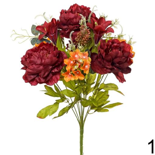 Kytica pivonia + ľalia + hortenzia 49cm bordová - Umelé kvety