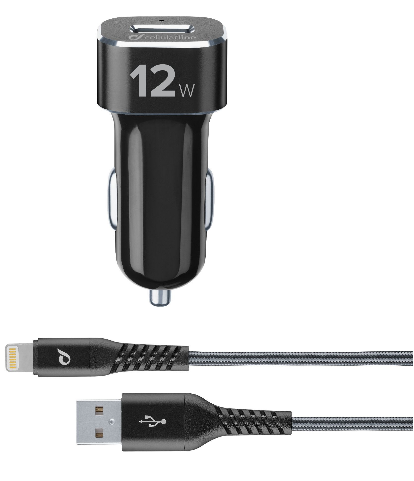 CellularLine Tetra Force 12W, PFI certifikácia, čierna - Set USB autonabíjačky a odolného Lightning kábla