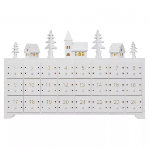Emos Adventný kalendár biely 3 LED, 37×23cm, vnútorný,  2×AA, teplá biela - Vianočná dekorácia