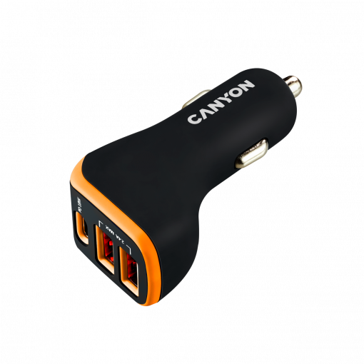 Canyon 2x USB-A, 1xUSB-C 18W PD oranžovo-čierny - Univerzálny USB adaptér do auta