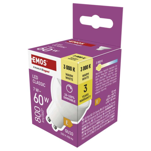 Emos Classic MR16 7W GU10 800lm teplá biela stmievateľná - LED žiarovka