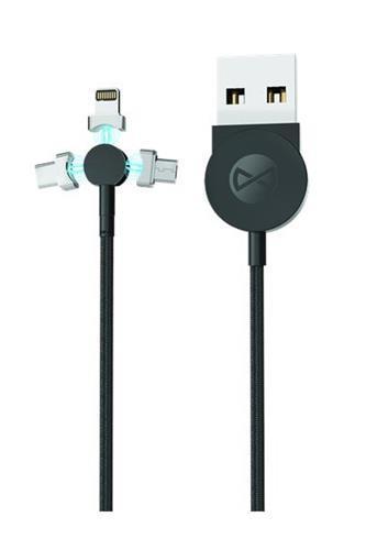 Forever Core 3v1 magnetický USB kábel microUSB/UCB-C/lightning 1m textilný čierny - Prepojovací kábel 2.5A