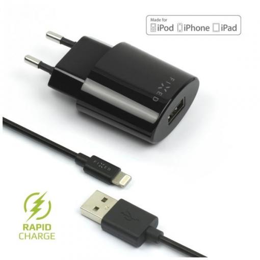FIXED Sieťová nabíjačka Lightning 2.4A čierna - Univerzálny USB adaptér s Lightning káblom MFI