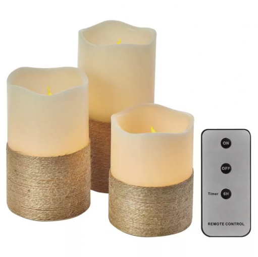 Emos LED dekorácia – 3x vosková sviečka s povrázkom, 3x 3xAAA, vnútorná, vintage, ovládač - LED sviečky