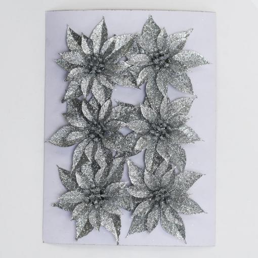 Vianočná Poinsettia plast. 8,5cm s/6 strieborná - Dekorácia