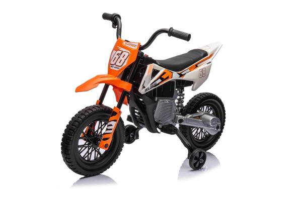 BENEO MOTOCROSS, Oranžová, 12V batéria, EVA mäkké kolesá, Koženkové sedadlo, 2 x 25W Motor, Odpružen - Elektrická motorka