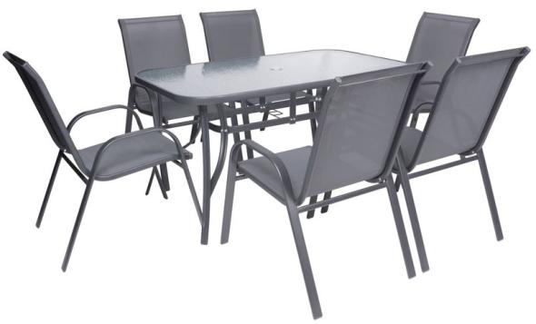 Strend Pro ANTOINE SET - Set terasový, stôl sklenený + 6x stolička, shadow gray-šedý