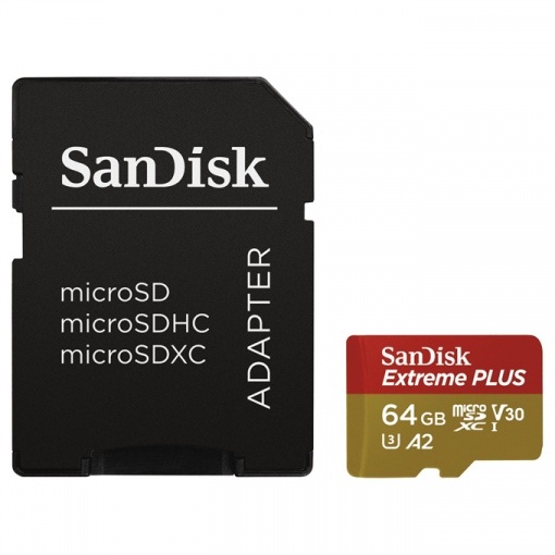 SanDisk Extreme Plus MicroSDXC 64GB A2 C10 V30 UHS-I U3 (r170/w90) - Pamäťová karta + adaptér