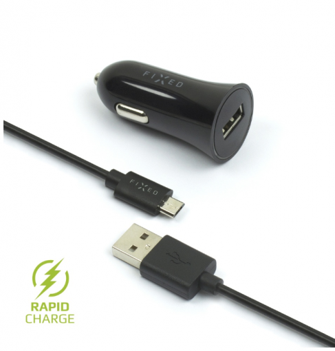 FIXED Autonabíjačka microUSB 2.4A čierna - Univerzálny USB adaptér do auta s microUSB káblom