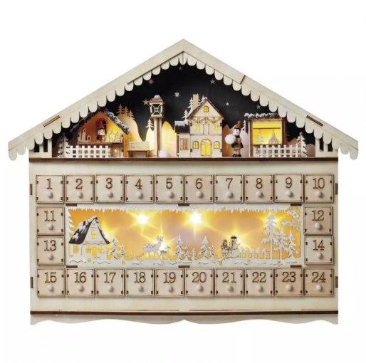 Emos LED adventný kalendár drevený 40x50cm, 2xAA, vnútorný, teplá biela, časovač - Vianočná dekorácia