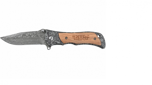 EXTOL - Nož zatvárací s poistkou, dĺžka 90/160mm, hrúbka čepele 2,5mm, antikoro/drevo, vzor damascus