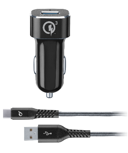 CellularLine Tetra Force 18W, Qualcomm® Quick Charge 3.0, čierna - Set USB autonabíjačky a odolného USB-C kábla