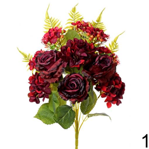 Kytica ruža + hortenzia 55cm bordová - Umelé kvety