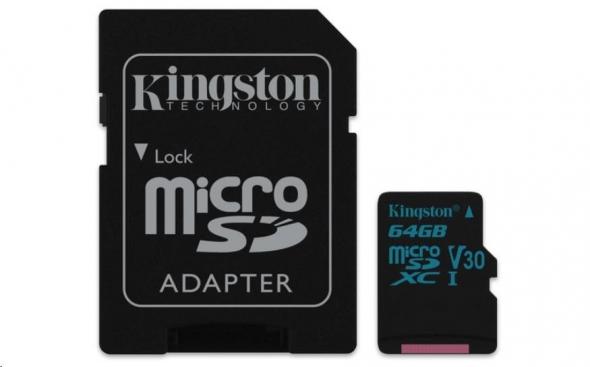 Kingston Canvas Go MicroSDXC 64GB Class U3 UHS-I V30 (r90MB,w45MB) - Pamäťová karta + adaptér