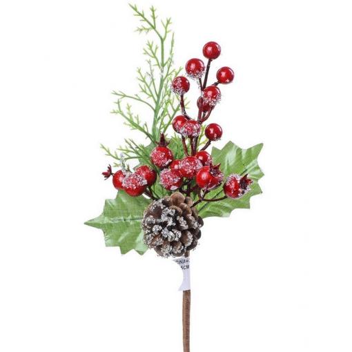 Vetvička čečina + červené plody + šiška 25cm - Umelý kvet vianočný