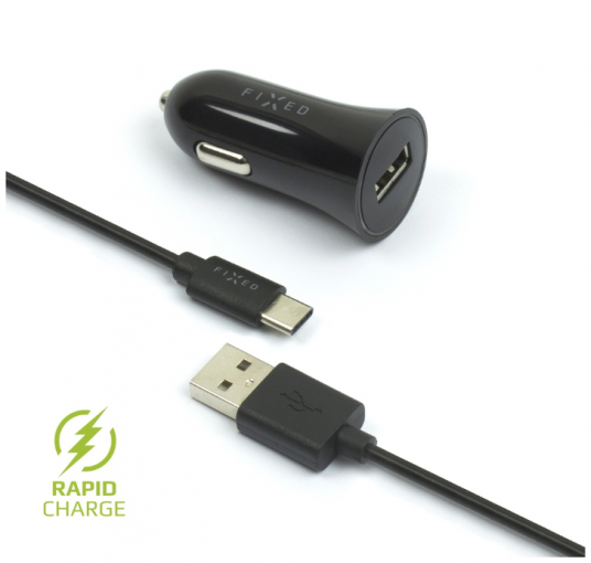 FIXED Autonabíjačka USB-C 2.4A čierna - Univerzálny USB adaptér do auta s USB-C káblom