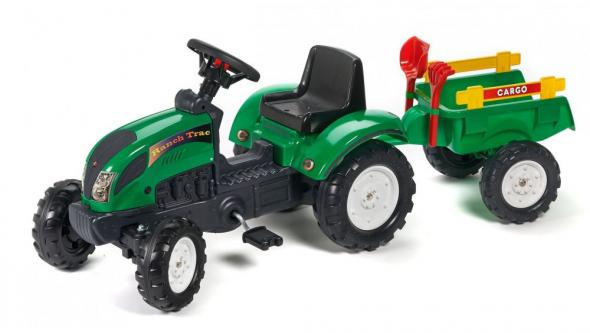 FALK Šľapací traktor Ranch Trac zelený s vlečkou a lopatkou s hrabličkami - Šľapadlo