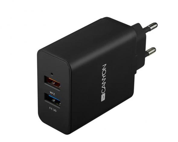 Canyon 2x USB - QC 3.0, + 2.4A - Univerzálny USB adaptér čierny