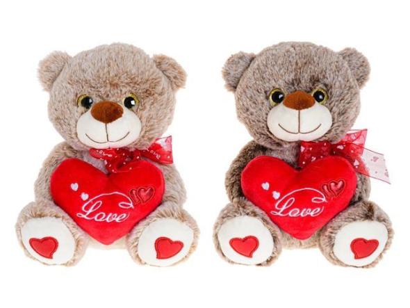 MIKRO -  Medvedík plyšový 20cm sediaci so srdcom a mašľou 2farby - Plysová hracka