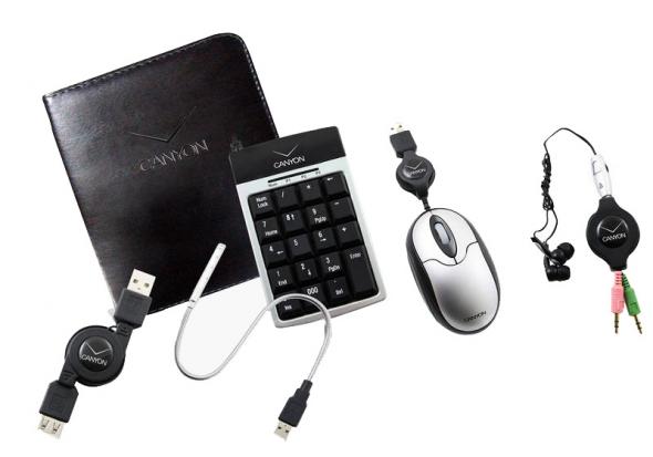 Canyon keypad, myš, 4port HUB, lampička, slúchadlo - Balík príslušenstva k notebookom