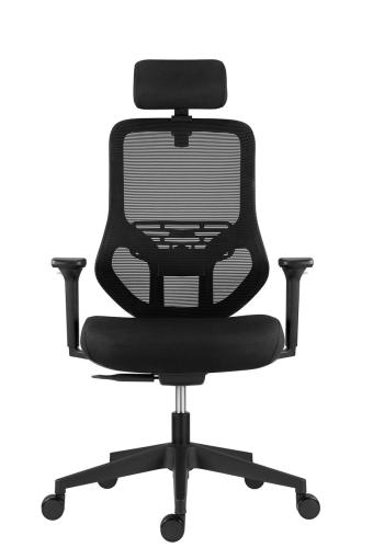 ATOMIC CI - Kancelárska stolička s opierkou hlavy, čierna látka sedák / čierna sieťovina operadlo