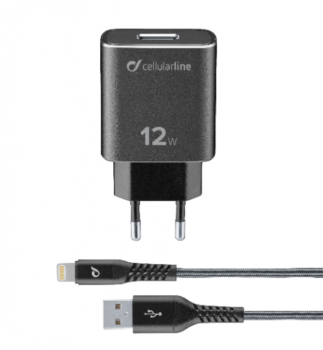 CellularLine Tetra Force 12W, PFI certifikácia, čierna - Set USB nabíjačky a odolného Lightning kábla