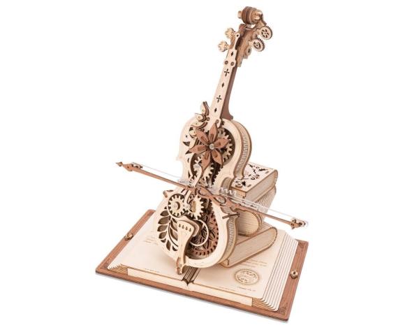 RoboTime 3D drevené mechanické puzzle Čarovné violončelo (elektrický pohon) - 3D skladačka