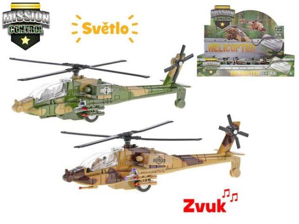 MIKRO -  Mission Control helikoptéra vojenská 20cm kov spätný chod na batérie+svetlo a zvuk - Hračka