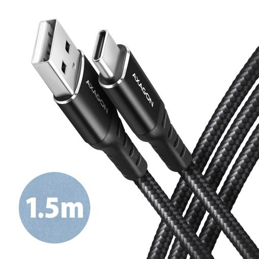 AXAGON opletený kábel USB-C 3A 1.5m čierny - Dátový a nabíjací kábel USB