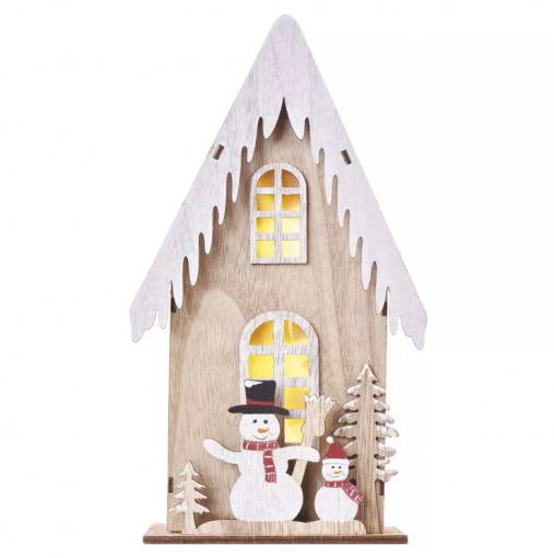 Emos LED drevený dom so snehuliakmi 28.5cm, 2x AA, vnútorný, teplá biela, časovač - Vianočná dekorácia