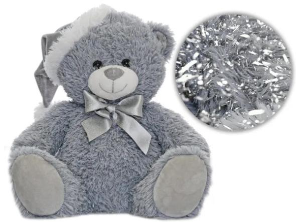MIKRO -  Medveď plyšový 25 cm sivý sediaci s čiapkou a mašľou - plyšová hračka