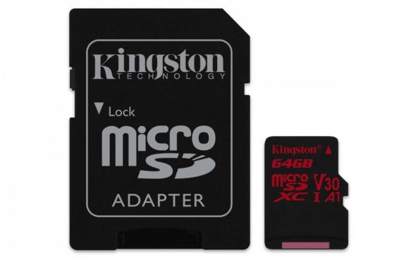 Kingston Canvas React MicroSDXC 64GB Class U3 UHS-I V30 A1 (r100MB,w80MB) - Pamäťová karta + adaptér
