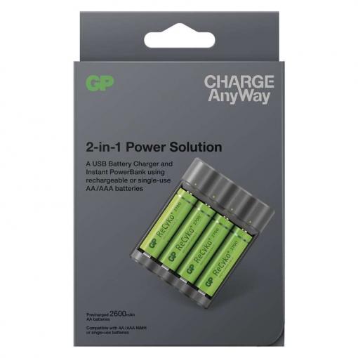 GP Charge AnyWay 2v1 + 4ks ReCyko+ 2700 (AA) - nabíjačka batérií a power bank