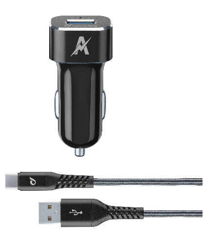 CellularLine Tetra Force 15W, adaptívne nabíjanie, čierna - Set USB autonabíjačky a odolného USB-C kábla