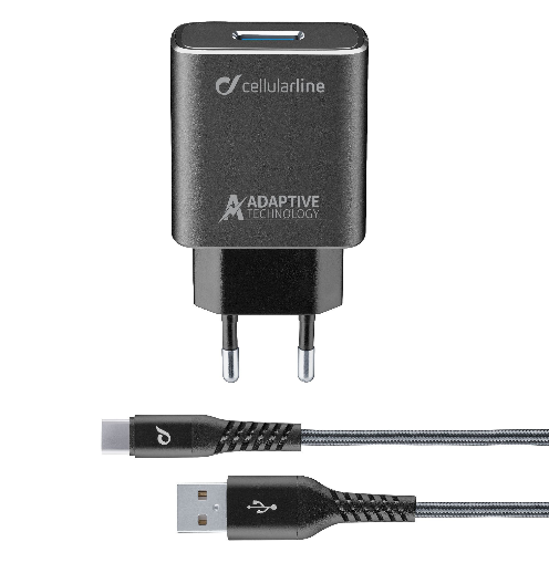 CellularLine Tetra Force 15W, adaptívne nabíjanie, čierna - Set USB nabíjačky a odolného USB-C kábla