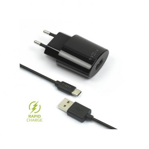 FIXED Sieťová nabíjačka USB-C 2.4A čierna - Univerzálny USB adaptér s USB-C káblom