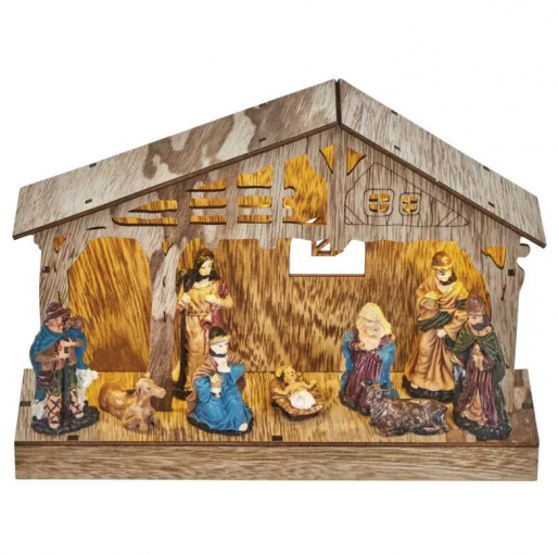 Emos LED vianočný betlehem drevený 19cm, 3x AA, vnútorný, teplá biela, časovač - Vianočná dekorácia